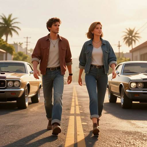 Photograph of a curly-haired man and a blonde woman in denim outfits walking down a sunlit suburban street flanked by classic cars.