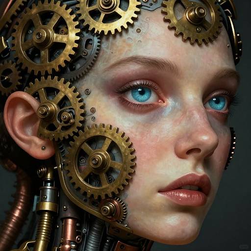 Digital artwork of a pale-skinned woman with blue eyes, featuring intricate brass gears and copper pipes integrated into her head, creating a cybernetic appearance