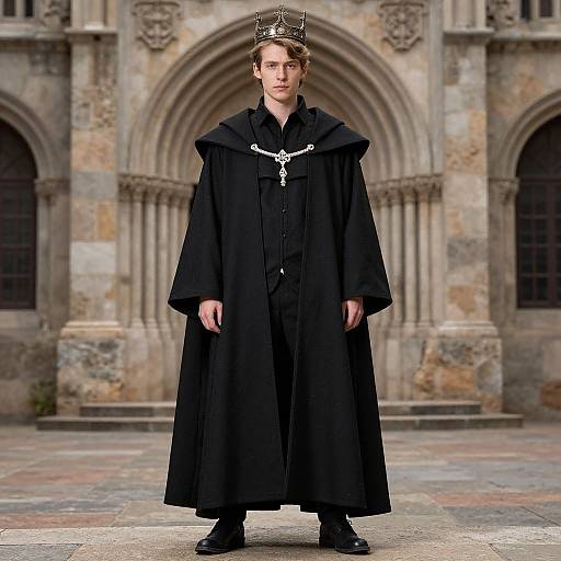 Photograph of a young, white, blonde man in a black medieval robe and ornate crown, standing in front of a Gothic stone archway.