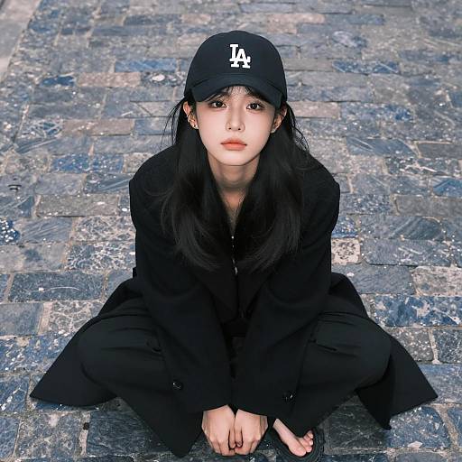 Young Woman in Black Crouching on Cobblestone Street