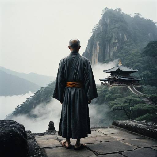 Monk Standing at Misty Mountain Temple