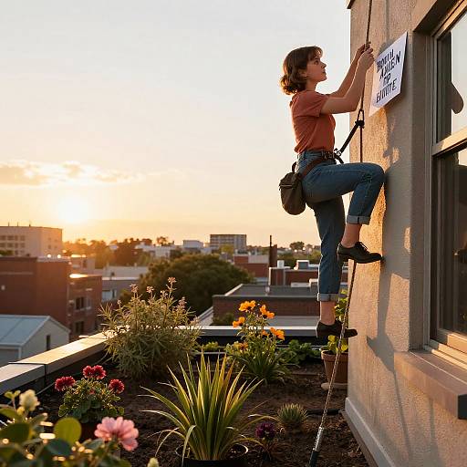 Woman Climbing Building to Hang Sign at Sunset