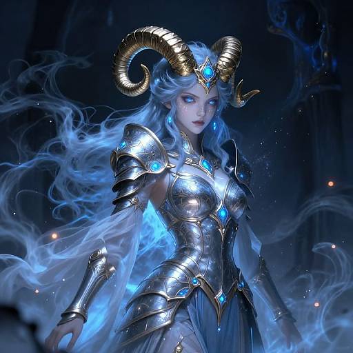 Digital artwork of a blue-eyed, silver-haired demon woman with golden ram horns, wearing blue-embellished silver armor, set against a mystical,
