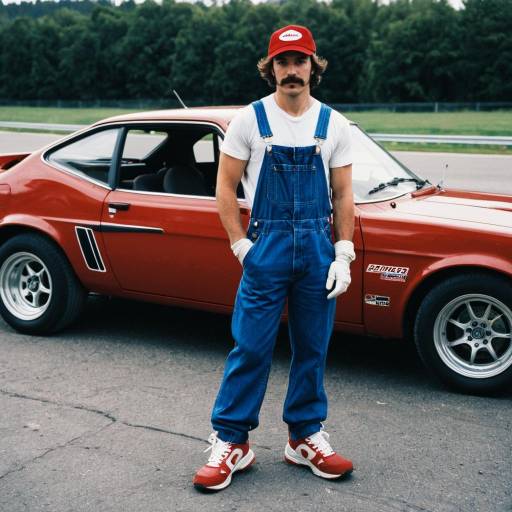 Man in Overalls Standing by Red Classic Car