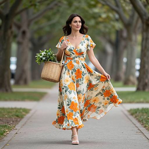 Photograph of a dark-haired woman in a vibrant orange and white floral dress, holding a wicker basket, walking on a tree-lined path.