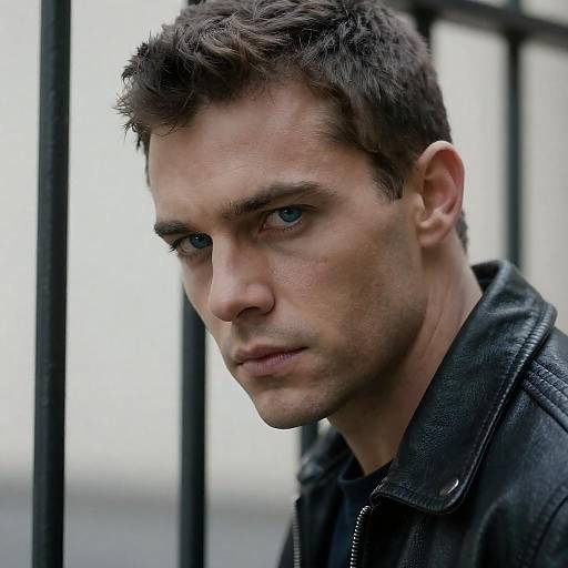 Close-up of Man with Intense Blue Eyes and Leather Jacket