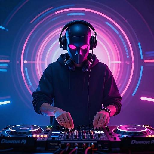 Photograph of a DJ in a black hoodie and mask with neon pink eyes, wearing headphones, mixing music with colorful DJ controllers against a vibrant, circular