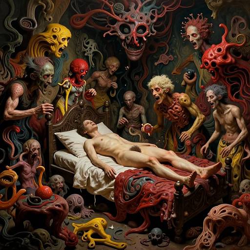 Surreal digital artwork of a nude man lying on a bed, surrounded by grotesque, colorful, and menacing supernatural creatures in a dark, chaotic