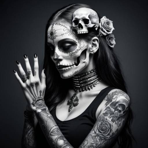 Woman with Sugar Skull Makeup and Tattoos