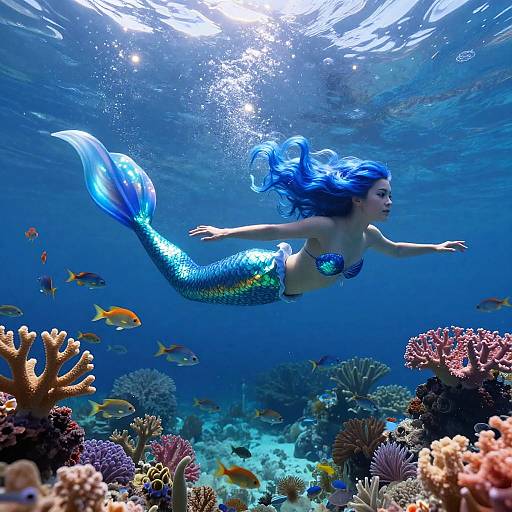 Blue Haired Mermaid in Mystical Underwater Kingdom
