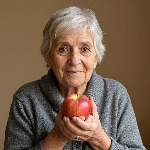 Photograph of an elderly woman with short gray hair, wearing a gray sweater, holding a red apple close to her chest, smiling softly, against a