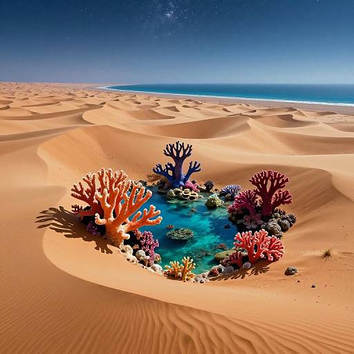 Photograph of a vivid desert oasis with bright coral reefs, diverse sea anemones, and a small turquoise pool surrounded by golden sand dunes under