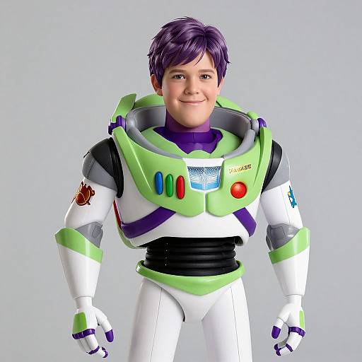 CGI image of a smiling young boy in a colorful, green-and-white Space Ranger suit with red, blue, and green buttons. Background is plain