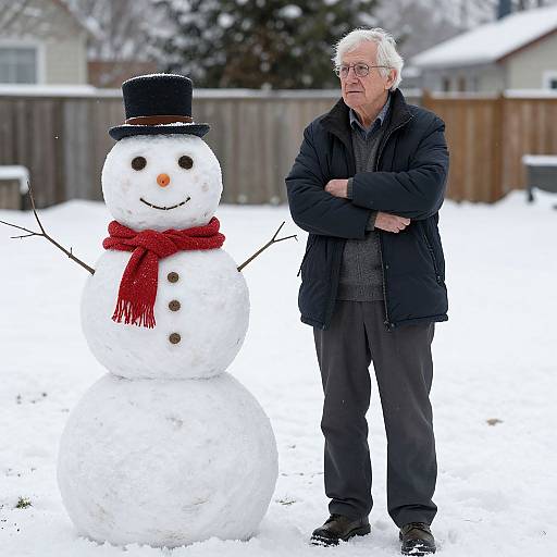 Photograph of elderly man in black jacket and glasses standing beside a snowman with black top hat and red scarf in snowy backyard.