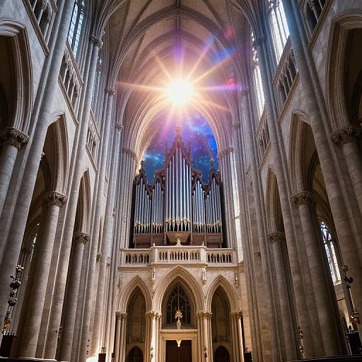 Photograph of a grand, sunlit Gothic cathedral interior, showcasing towering arches, a large organ, and radiant sunlight streaming through stained glass windows.