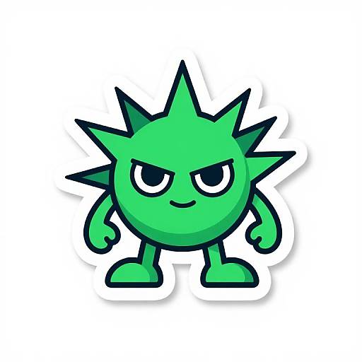 Cartoon green spiky character with black outlines, smug expression, and small black eyes, standing with arms slightly bent, white background.