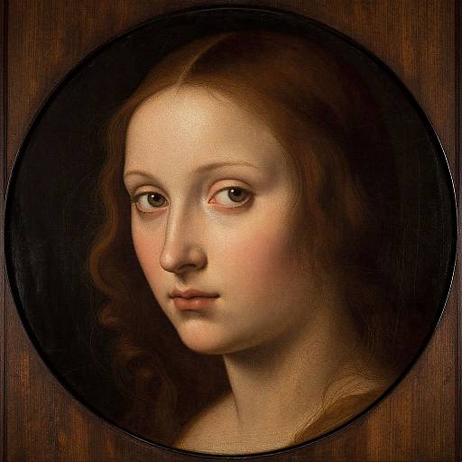 Photorealistic digital painting of a young woman with fair skin, soft brown eyes, and wavy auburn hair, set in a circular frame