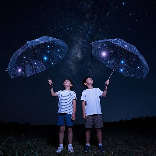 Photograph of two children under starry night sky, holding transparent umbrellas with glowing blue stars, looking up in awe.