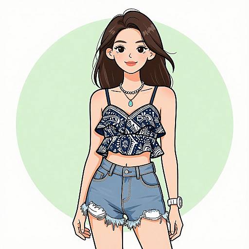 Digital anime-style drawing of a smiling young woman with long brown hair, wearing a blue floral crop top and frayed denim shorts. She has a green