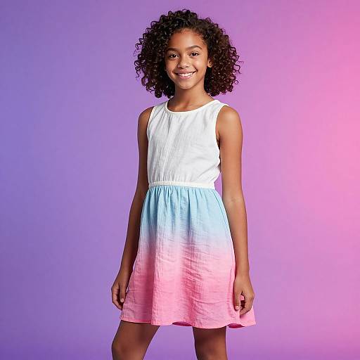 Photograph of a smiling young Black girl with curly hair, wearing a sleeveless white dress with blue and pink gradient hem, standing against a pink and