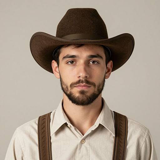 Photograph of a bearded man with medium skin tone, wearing a brown cowboy hat, white button-up shirt, and brown suspenders, against a