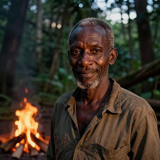 Photograph of a smiling, middle-aged African man with short gray hair and beard, wearing a green button-up shirt, standing in front of a fire