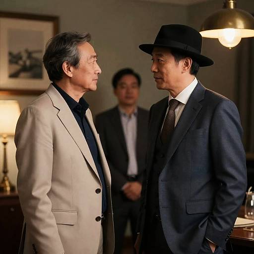 Photograph of two Asian men in suits, one in a beige jacket, the other in a black suit and hat, standing in a dimly lit