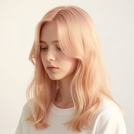 Photograph of a blonde woman with wavy, shoulder-length hair, wearing a white shirt, looking downward against a bright white background.