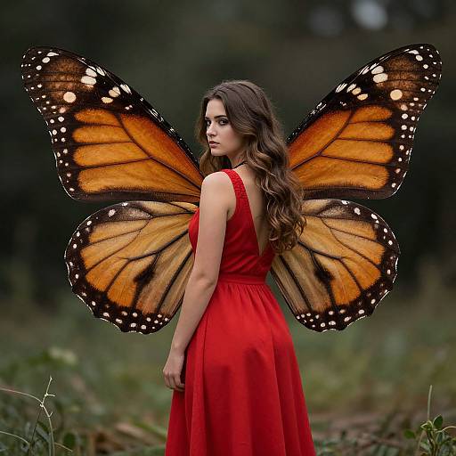 Photograph of a woman with long brown hair in a red dress, standing in a forest, with large, vibrant orange and black butterfly wings.