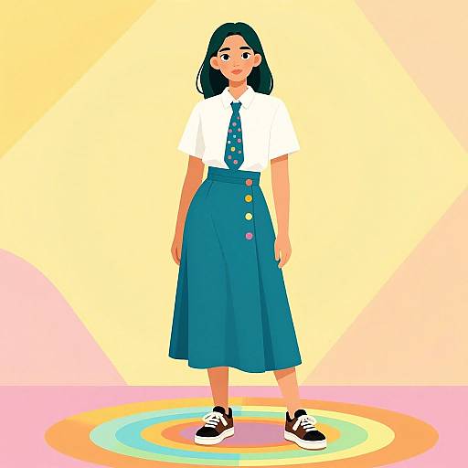 Digital illustration of a smiling girl with black hair, wearing a white shirt, blue tie, high-waisted blue skirt, and black sneakers, standing