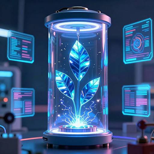 Photorealistic CGI of a glowing, blue neon-illuminated plant in a cylindrical glass container, surrounded by futuristic holographic screens in a dark