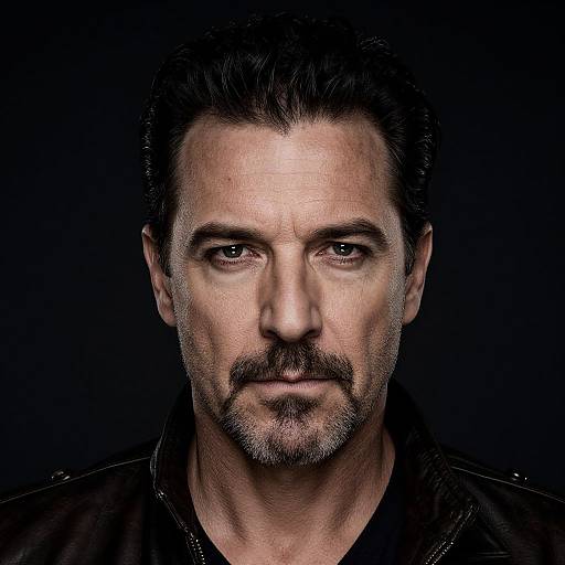 Photograph of a serious, middle-aged white man with dark hair, stubble, and intense eyes, wearing a black leather jacket, against a dark