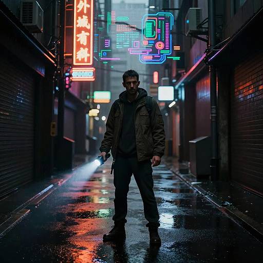 Man with Flashlight in Cyberpunk Alley