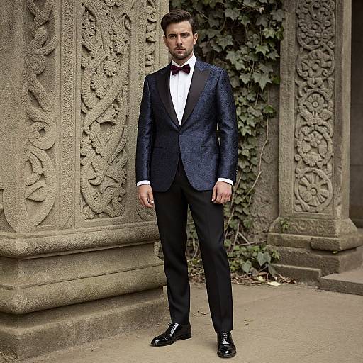 Photograph of a handsome man with dark hair and beard, wearing a dark blue patterned suit, white shirt, black bow tie, and black shoes