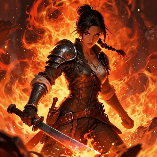 Digital artwork of a fierce, dark-haired warrior woman with braided hair, armored shoulder plates, and leather gear, wielding a sword amidst vibrant, fiery