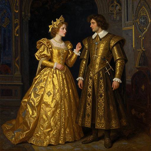 Renaissance-style painting of a regal couple; woman in gold, intricate dress with crown, puffed sleeves; man in ornate brown robe