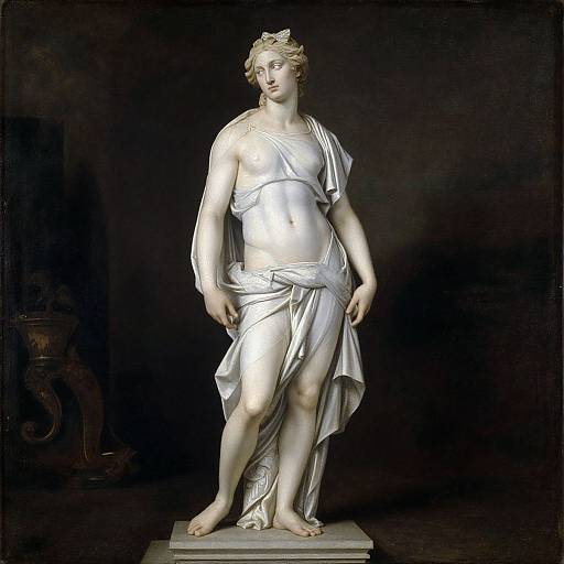 Neoclassical marble statue of a serene, blonde-haired woman with a slender build, draped in a flowing silver toga, standing against a dark