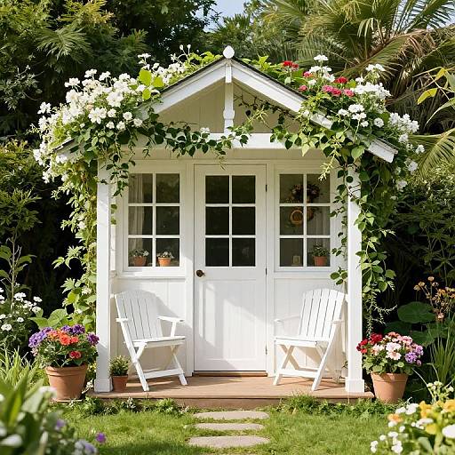 Photograph of a white garden shed surrounded by lush greenery and blooming flowers, with two white chairs on a wooden porch.