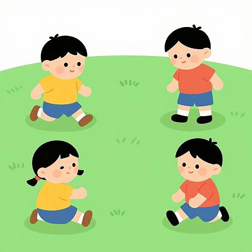 Cartoon illustration of four children with black hair, wearing yellow and red shirts, blue shorts, and brown shoes, running and sitting on a grassy
