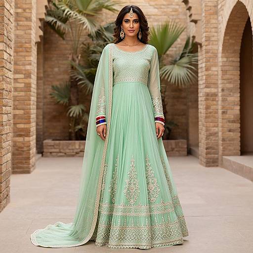 Elegant Woman in Green Anarkali Gown
