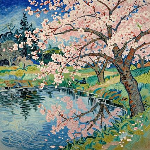 Vibrant, impressionistic painting of cherry blossoms over a reflective pond, with swirling blue sky, green grass, and trees in the background.