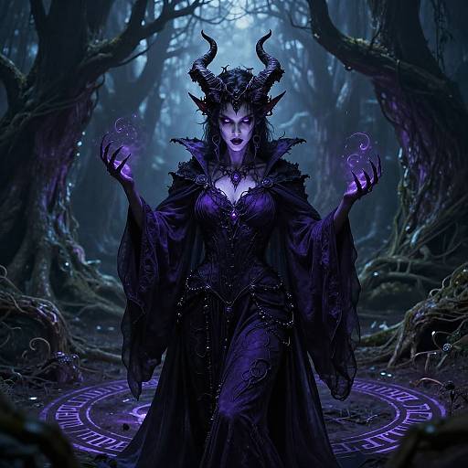 Digital artwork of a dark, horned sorceress with glowing purple eyes, wearing an ornate black gown, casting spells in a mystical, moon