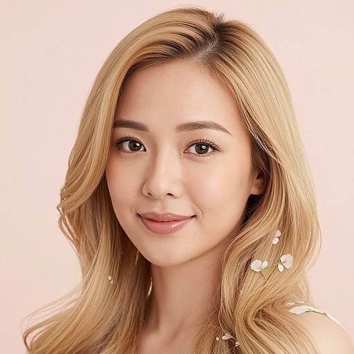 Photograph of an Asian woman with long, wavy blonde hair, light skin, subtle makeup, and a soft smile, set against a plain white