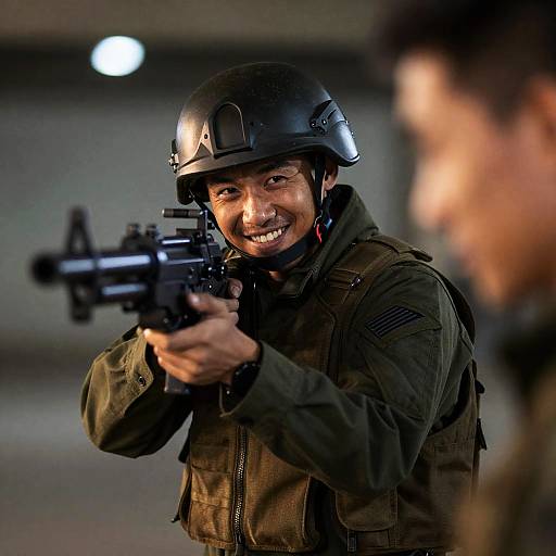 Smiling Soldier Aiming Machine Gun