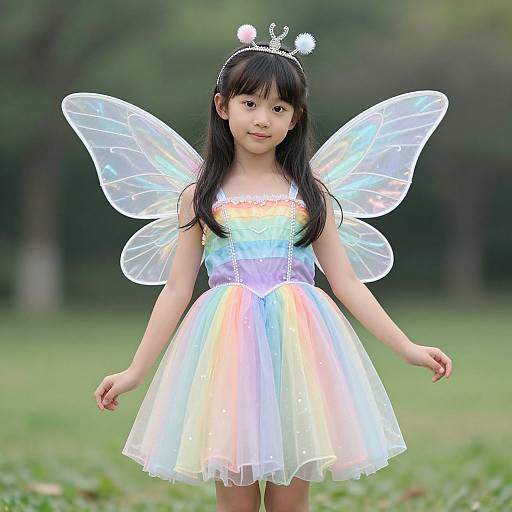 Photograph of an Asian girl with long black hair, wearing a pastel rainbow fairy dress, translucent wings, and a tiara with pom-poms
