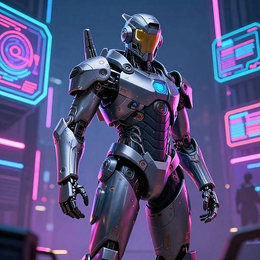 CGI image of a futuristic, silver armored humanoid robot with glowing blue chest emblem, yellow visor, standing in a neon-lit cityscape.
