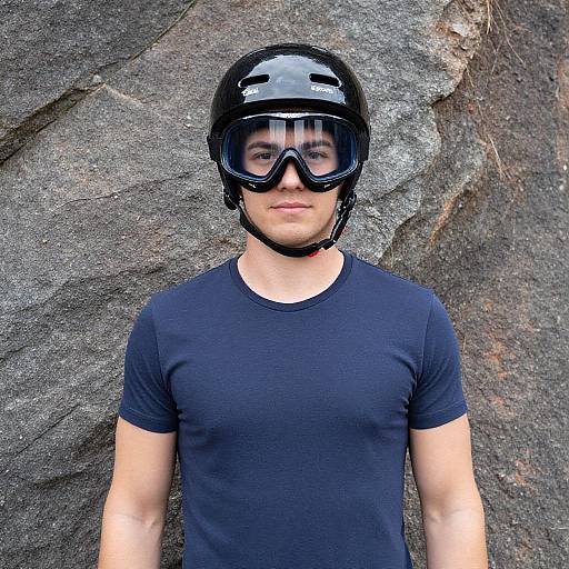 Man in Helmet by Rock Wall