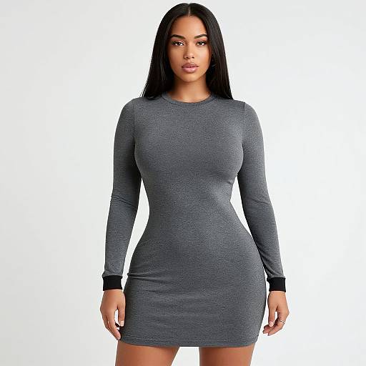 Photograph of a curvy woman with long black hair, wearing a tight, long-sleeve, gray mini dress, standing against a plain white