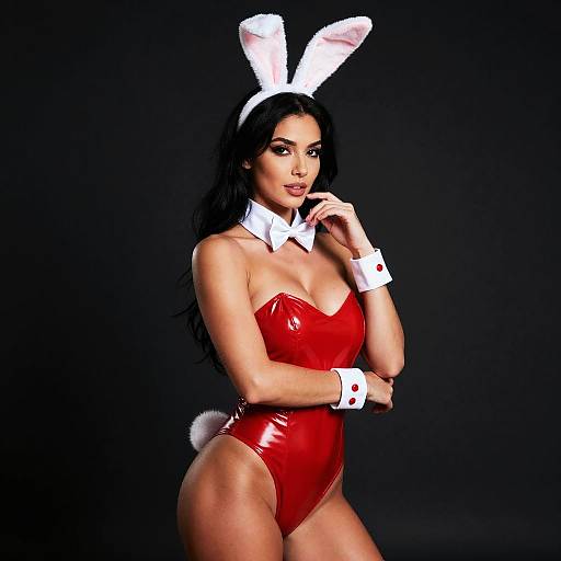 Photograph of a curvy, dark-haired woman in a shiny red latex bunny suit with white cuffs, bow tie, and bunny ears, against a