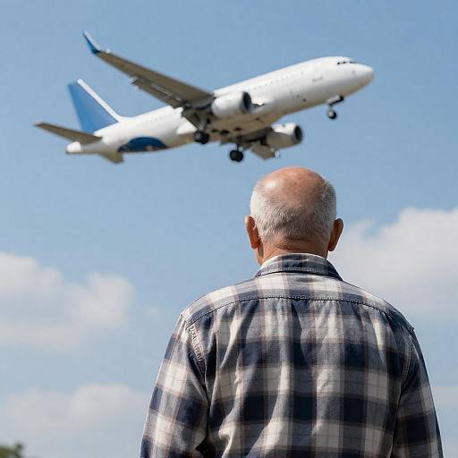 Elderly Man Watching Airplane in Sky